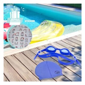 Kit de Lentes y Gorro de Natacion Azul para Uso en Playa y Piscina Y+Regalo Sticker