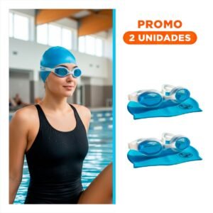 Estuche2 Set de Lentes y Gorro Celeste para Ajuste Seguro en Agua