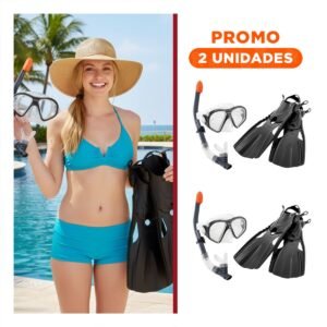 Pack2 Set de Natacion y Buceo 3 Pcs Negro con Mascara Tubo y Aletas para Agua