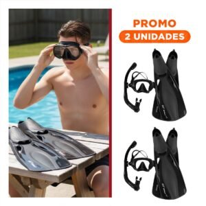 Pack2 Combo de Esnorkel 3 Pcs Talla L Negro con Aletas Lentes y Snorkel para Playa