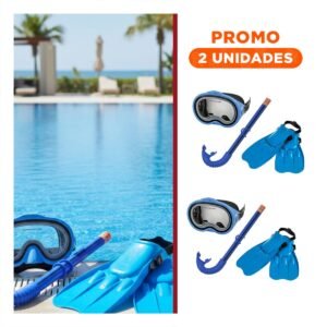 Pack2 Set Acuatico Azul para Ninos con Gafas Tubo y Aletas para Piscina