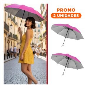 Pack2 Sombrilla Plegable Portatil para Sol y Lluvia Compacta en Cartera Color Fucsia