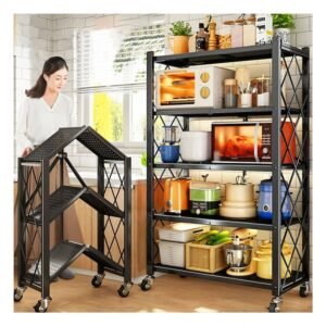 Repisa Plegable de Metal con 4 Niveles en Color Negro para Orden del Hogar