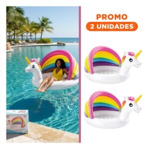 Pack2 Alberca Bebe Unicornio 1,27 X 1,02 X 69 CM Inflable Colorida para Juego de Agua en Casa