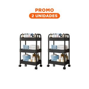 Pack2 Anaquel Movil 3 Niveles con Ruedas y Asas para Organizacion del Hogar Negro