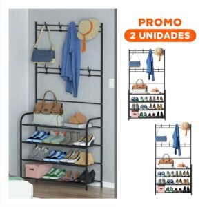 Pack2 Zapatera con Percheros Curvos Negro para Organizar Calzado y Ropa