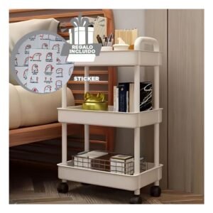 Estanteria Rodante 3 Niveles con Ruedas y Asas Plastico Blanco para Casa Y+Regalo Sticker