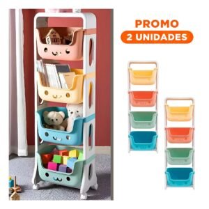 Pack2 Estantero Infantil con Caritas 4 Niveles con Techito Multicolor