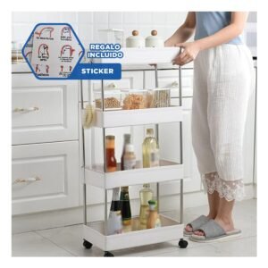 Estante Lateral De 4 Niveles con 4 Ruedas Blanco Plastico Multiuso Y+Regalo Sticker
