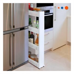 Carrito Lateral Delgado De 4 Niveles con Orificios Blanco Plastico Rayado