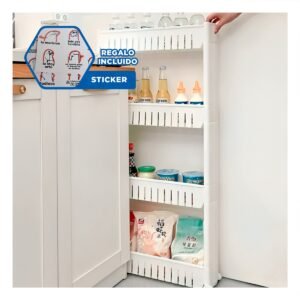 Carrito Lateral Delgado De 4 Niveles con Aberturas Blanco Plastico Firme Y+Regalo Sticker