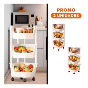 Pack2 Estante Cuadrado de 3 Niveles con Ruedas para Frutas Frescas en Blanco