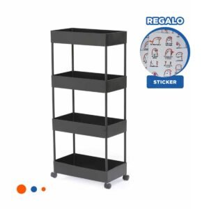 Carrito Lateral De 4 Niveles con 4 Ruedas Negro Plastico Compacto Y+Regalo Sticker