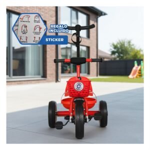 Triciclo Rojo con Mango de Empuje y Canasta Frontal Resistente 70x50 Y+Regalo Sticker