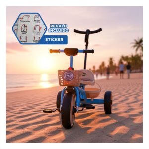 Triciclo Azul con Mango de Empuje y Canasta Frontal Resistente 70x50 Y+Regalo Sticker