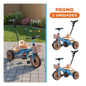 Pack2 Bicicleta Infantil de Empuje con Canasta Frontal Azul y Mango para Control Adulto