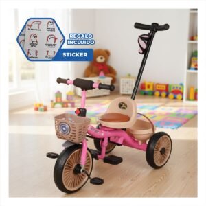 Triciclo Azul con Mango de Empuje y Canasta Frontal Resistente 70x50 Y+Regalo Sticker