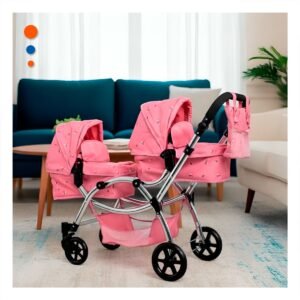 Coche de Muneca Gemelar Rosado 46x96x88cm para Juego Infantil en Casa