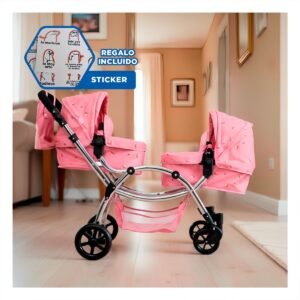 Coche de Muneca Gemelar Rosado 46x96x88cm Uso Diario en Espacios Interiores Y+Regalo Sticker