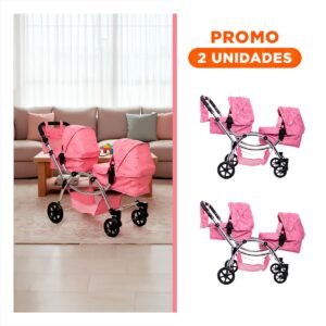 Pack2 Paseador de Muneca Gemelar Rosado 46x96x88cm para Juego en Casa