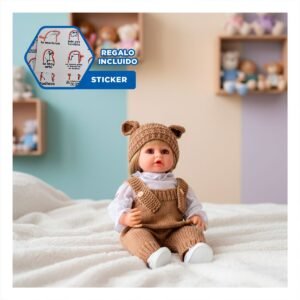 Amiga Yessy 55cm con Atuendo Marron Tejido y Gorro Orejitas para Ninas Y+Regalo Sticker
