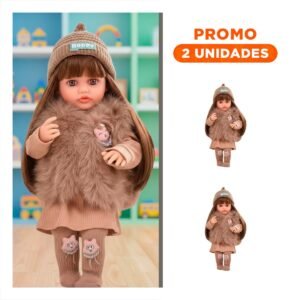 Pack2 Bebe Yessy 55cm con Vestuario Marron Chaleco Peluche Vestidos Pantis y Gorro Completo
