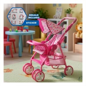 Carro para Muñeca de Juego con Grafica Ositos y Corazones Rosado 68cm Y+Regalo Sticker
