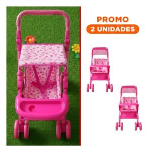 Pack2 Paseador para Muñeca Infantil con Estilo Ositos y Corazones Rosado 68cm