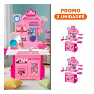 Pack2 Mesa de Belleza con Maquillaje Rosado para Casa y Actividades Creativas