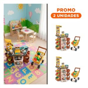 Pack2 Actividad Supermercado con Carrito y Accesorios para Juego de Compras en el Hogar