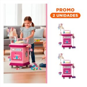 Pack2 Centro de Limpieza Rosado tipo Carro con Accesorios de Juego Domestico