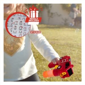 Maquina de Burbujas Carro Bombero Rojo con Diseño Infantil y Juego Continuo Y+Regalo Sticker