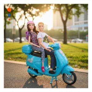Figuras Decorativas Pareja en Moto con Mochila y Casco Celeste para Hogar