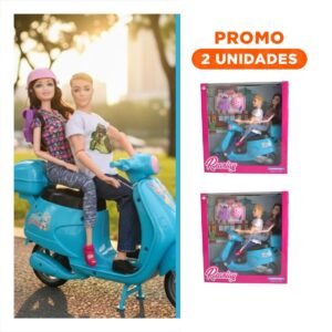 Pack2 Elementos Decorativos Pareja en Moto con Mochila y Casco Celeste para Casa