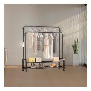 Estante Colgador Doble con 2 Niveles Inferiores y Ruedas Negro para Organizar Hogar