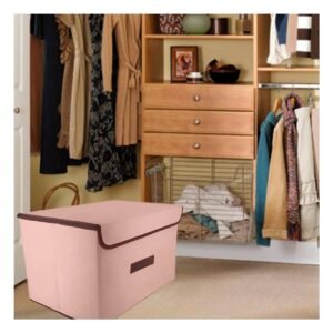 Caja Organizadora de Tela 36X24X23CM Beige con Borde Marron para Dormitorio