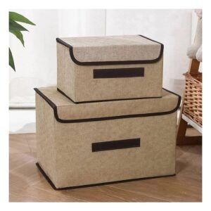 Caja Organizadora de Tela 25X19X16CM Beige con Borde Marron para Dormitorio