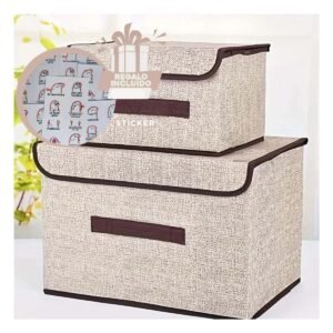 Caja de Almacenamiento de Tela 25X19X16CM Beige con Borde Marron Facil de Usar Y+Regalo Sticker