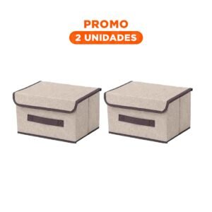 Pack2 Contenedor Organizativo de Tela 25X19X16CM Beige con Borde Marron para Casa