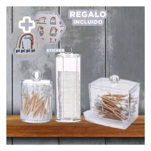 Pack de Organizadores de Acrilico Transparente para Hisopos y Algodon Practico Y+Regalo Sticker