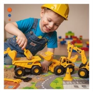 Set Infantil con Casco y 3 Carros de Construccion para Juego Activo en Casa en color Amarillo