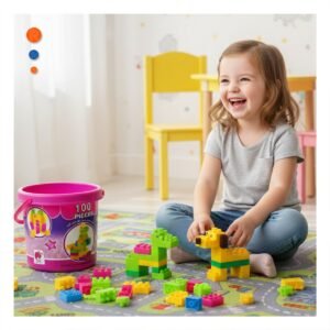 Juego de Construccion 100 Piezas Multicolor Rosado en Balde para Ninos