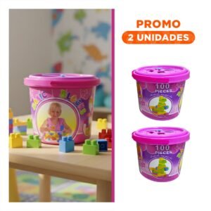 Pack2 Juego de Bloques Infantiles 100 Piezas Multicolor Rosado en Balde para Ninos