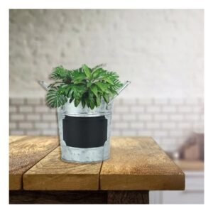 Maceta Cubo de Metal con Doble Agarradera y Cuadro para Nota en Plateado