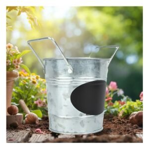 Maceta Cubo de Metal con Doble Agarradera y Cuadro para Nota en Plateado