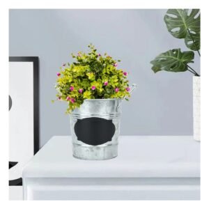 Maceta Cubo de Metal con Doble Agarradera y Cuadro para Nota en Plateado