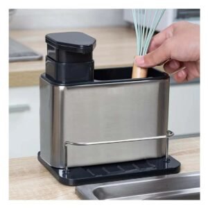 Dispensador de Jabon Liquido 3 en 1 con Soporte y Organizador Plateado