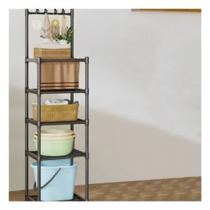 Mueble Multifuncional con 5 Niveles y Colgadores Negros con Ruedas