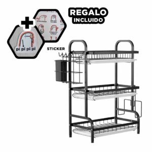 Escurridor de Cocina con 3 Niveles Soporte para Tabla y Utensilios Negro Y+Regalo Sticker