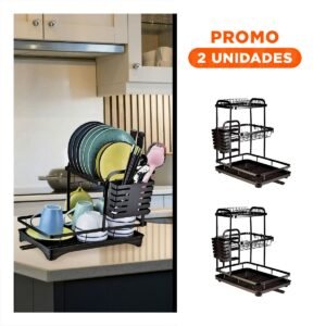 Pack2 Soporte de Platos Negro con Distribucion de 3 Niveles y Drenaje